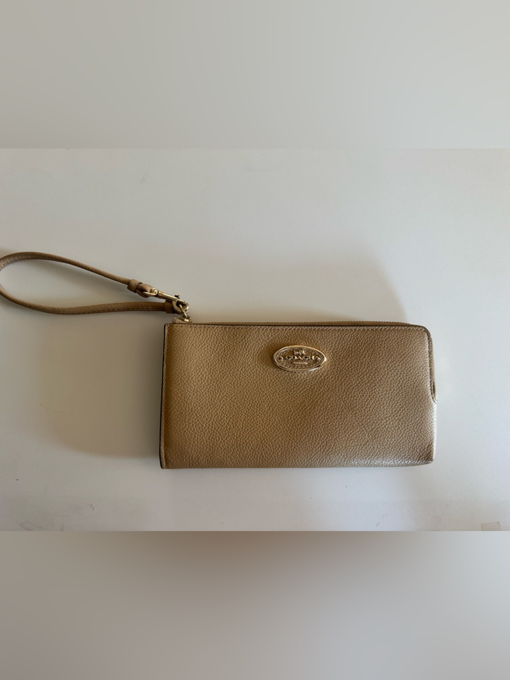 Coach Metallic Tan Wristlet with Gold Hardware